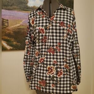 French Laundry Black and White Checkered Blouse with Red Floral Design